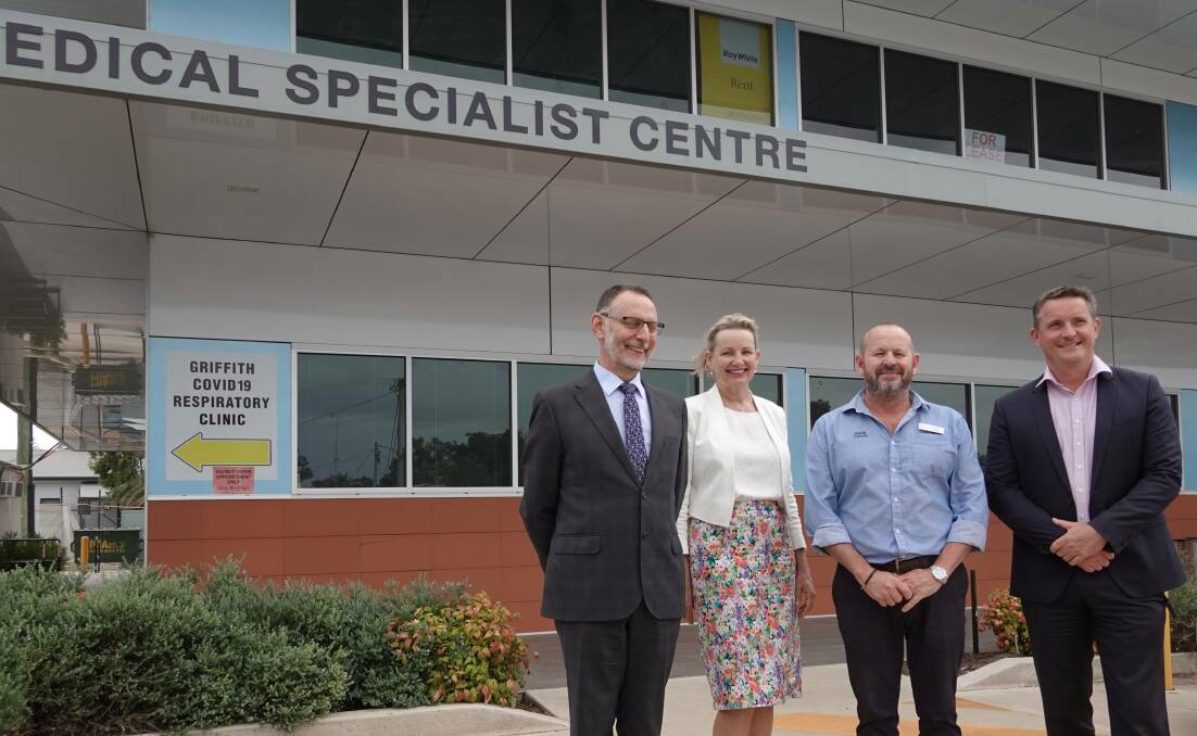 Riverina Cancer Care chairman Tony Noun, Member for Farrer Sussan Ley, councillor Simon Croce, and Riverina Cancer Care managing director Damien Williams. Picture by Monty Jacka.
