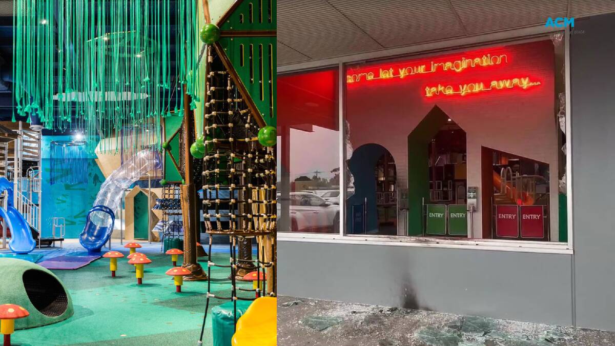Rabbit Hole Playcentre in Braybrook (left) and a smashed window at the indoor recreation facility over the Easter weekend (right). Picture Rabbit Hole Playcentre Facebook/Nine News
