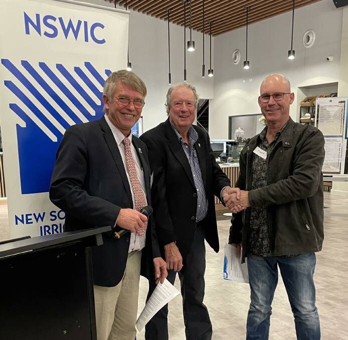 NSW Irrigators Council chairman Jim Cush, Coleambally Irrigation Co-operative's Peter Sheppard with Mr Gardiner. Picture supplied 