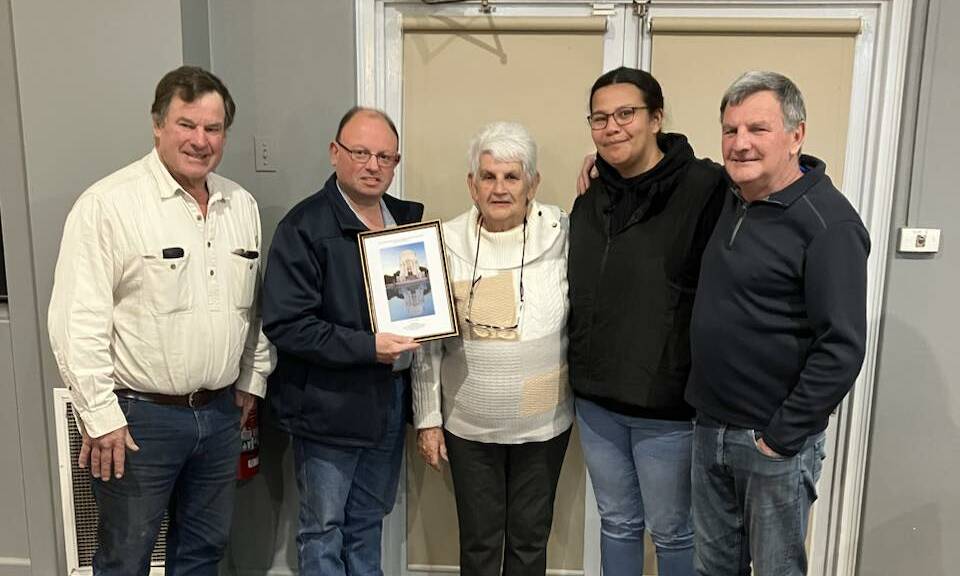Pictured on the night of the award presentations are Yenda Rotary president Nayce Dalton, Griffith RSL president Michael Borg, Edna Wakley, Sera Wakley - Caqusau and Shane Wakley. Picture supplied