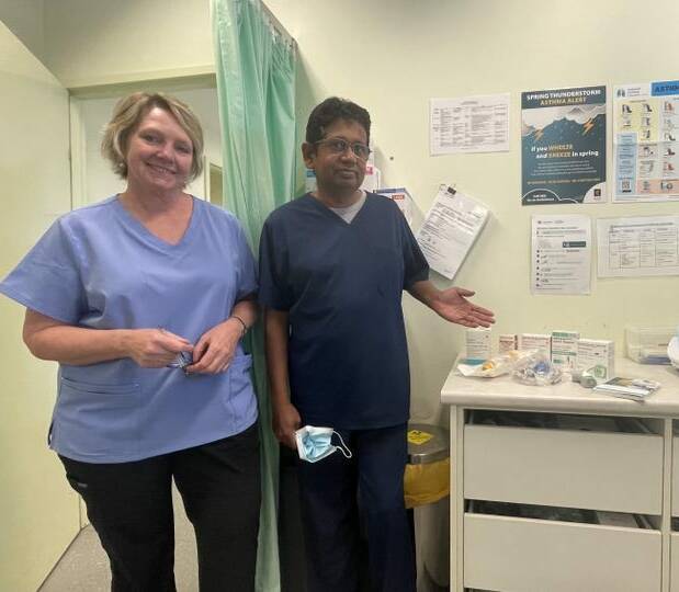 Your Health practise nurse Jacqui Mossman and GP Dr Thevashangar Vasuthevan point out the products to combat asthma during what is predicted to be a bad season for the condition. Picture by Allan Wilson