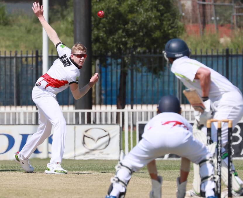 Jake Scott bowling for Wagga against Cricket Albury-Wodonga Hume in an O'Farrell Cup challenge in 2021.
