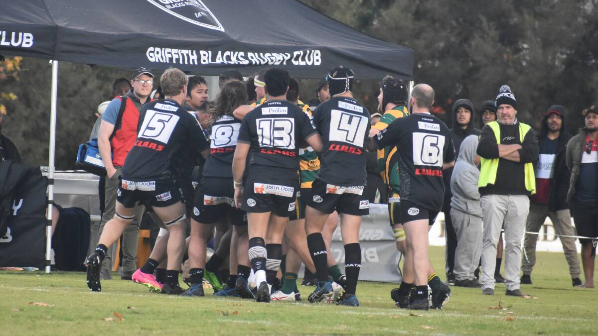 Tempers flared between Ag College and Griffith with a scuffle seeing the Blacks recieve a red card and play the final 30 minutes down to 14 players. Picture by Liam Warren