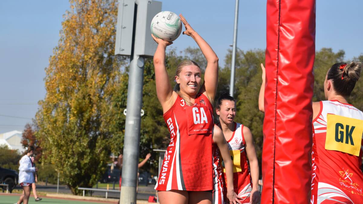 Jenna Richards has a day out in the shooting circle scoring 32 of the Swans 45 goals against Collingullie GP. Picture by Liam Warren