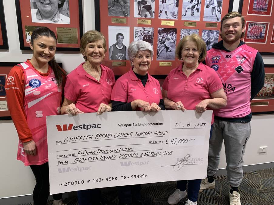 Swans' Georgia Fuller (left) and Jack Rowston (right) with Carmel Jamieson, Kaye Mossman and Shirley Sivewright from the Griffith Breast Cancer Support Group.