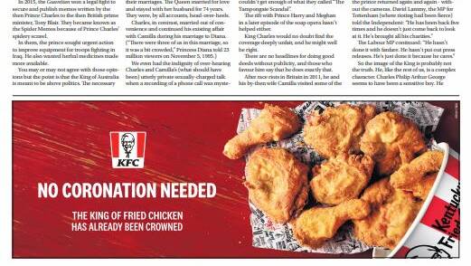 KFC's cheeky message in the Bendigo Advertiser's special coronation edition.
